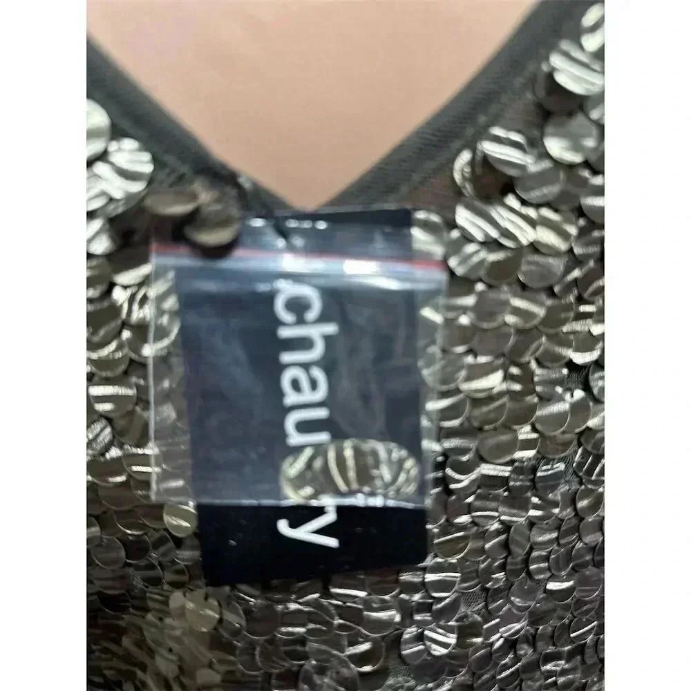 NWT Chaudry Silver Sequin Dress M Knee Length 3/4 Sleeve Party Cocktail - Picture 4 of 10